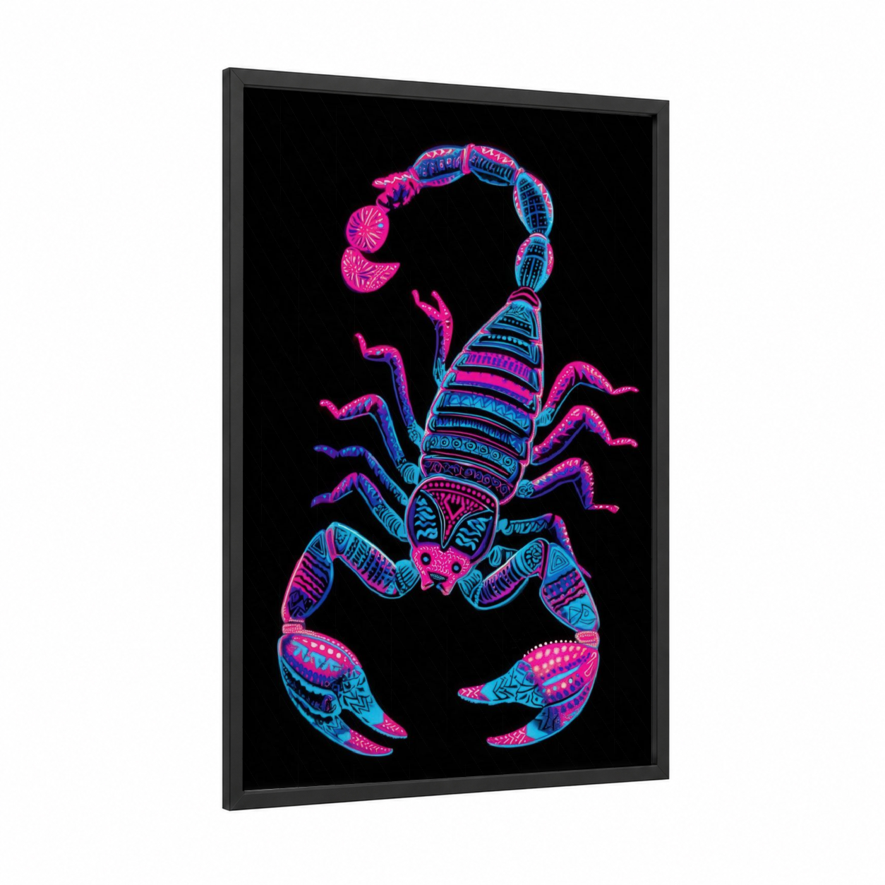 Neon Scorpion framed scorpions print — black wood frame — magenta and blue palette