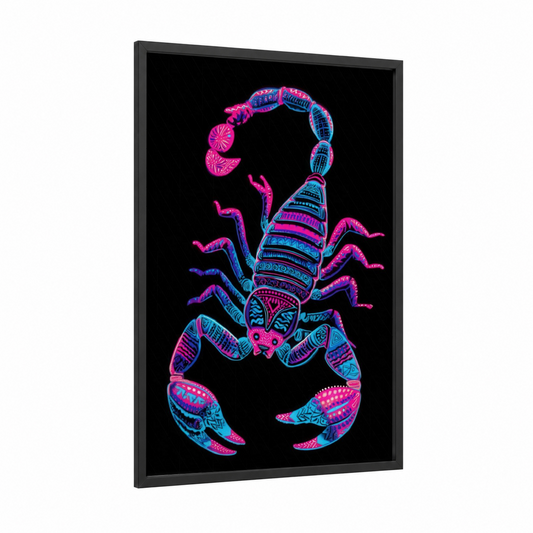 Neon Scorpion framed scorpions print — black wood frame — magenta and blue palette