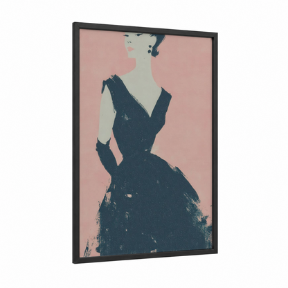 Elegant Evening Silhouette framed fashion illustration print — black wood frame — peach and dark blue palette
