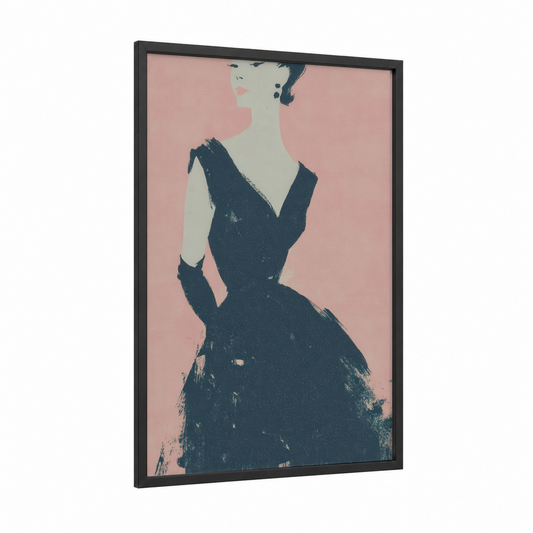 Elegant Evening Silhouette framed fashion illustration print — black wood frame — peach and dark blue palette
