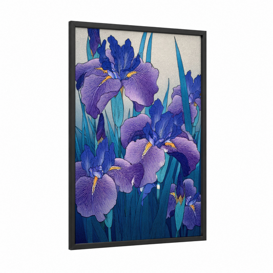 Purple Iris Garden framed amarillys print — black wood frame — purple and teal palette