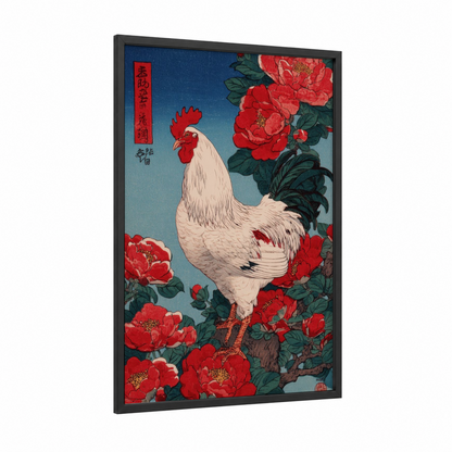 Red Peony Rooster framed chicken and roosters print — black wood frame — red and blue palette