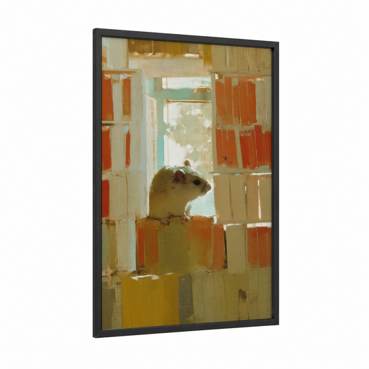 Windowsill Gerbil framed art print — black wood frame — cream and gold palette