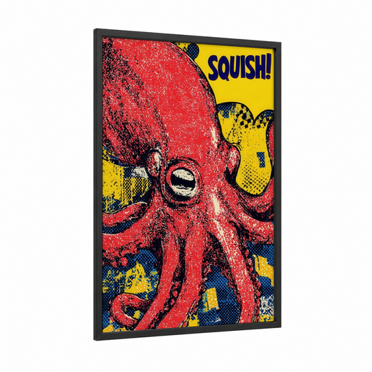 Crimson Squid Pop framed art print — black wood frame — red and yellow gold palette
