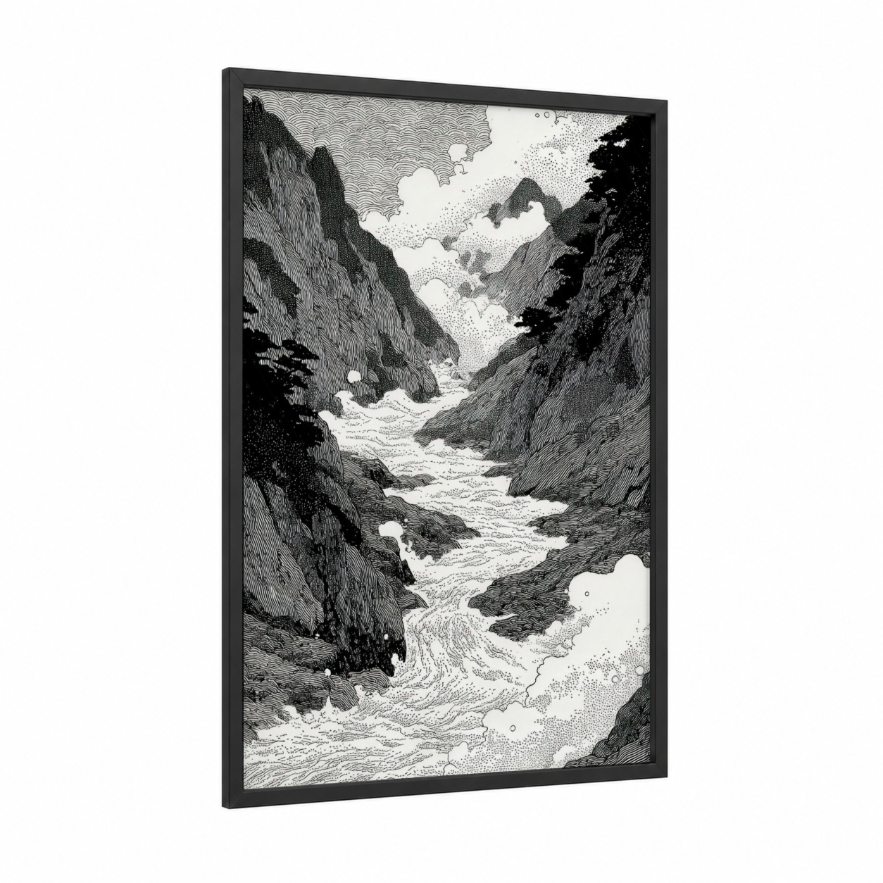 Alpine Canyon River framed alps print — black wood frame — black and white palette