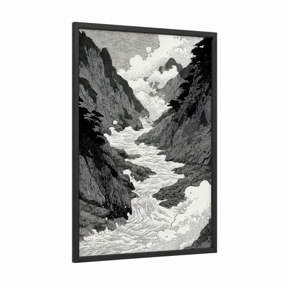 Alpine Canyon River framed alps print — black wood frame — black and white palette