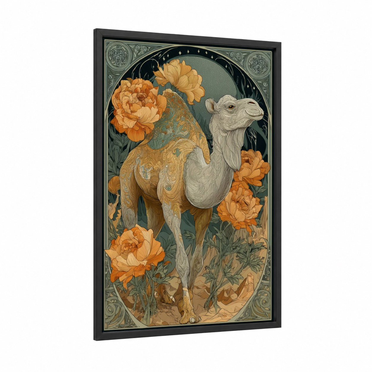 Golden Camel Peonies framed art print — black wood frame — gold and teal palette