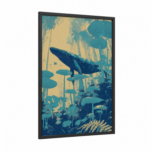 Serene Whale Sanctuary framed blue whale print — black wood frame — teal and gold palette