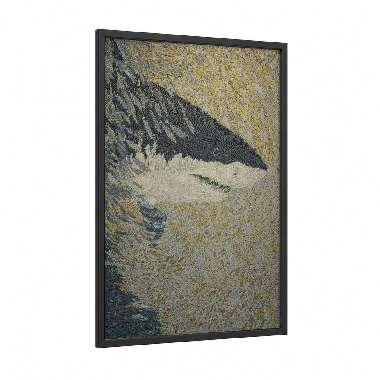 Striped Predator framed sand tiger shark print — black wood frame — gold and black and white palette