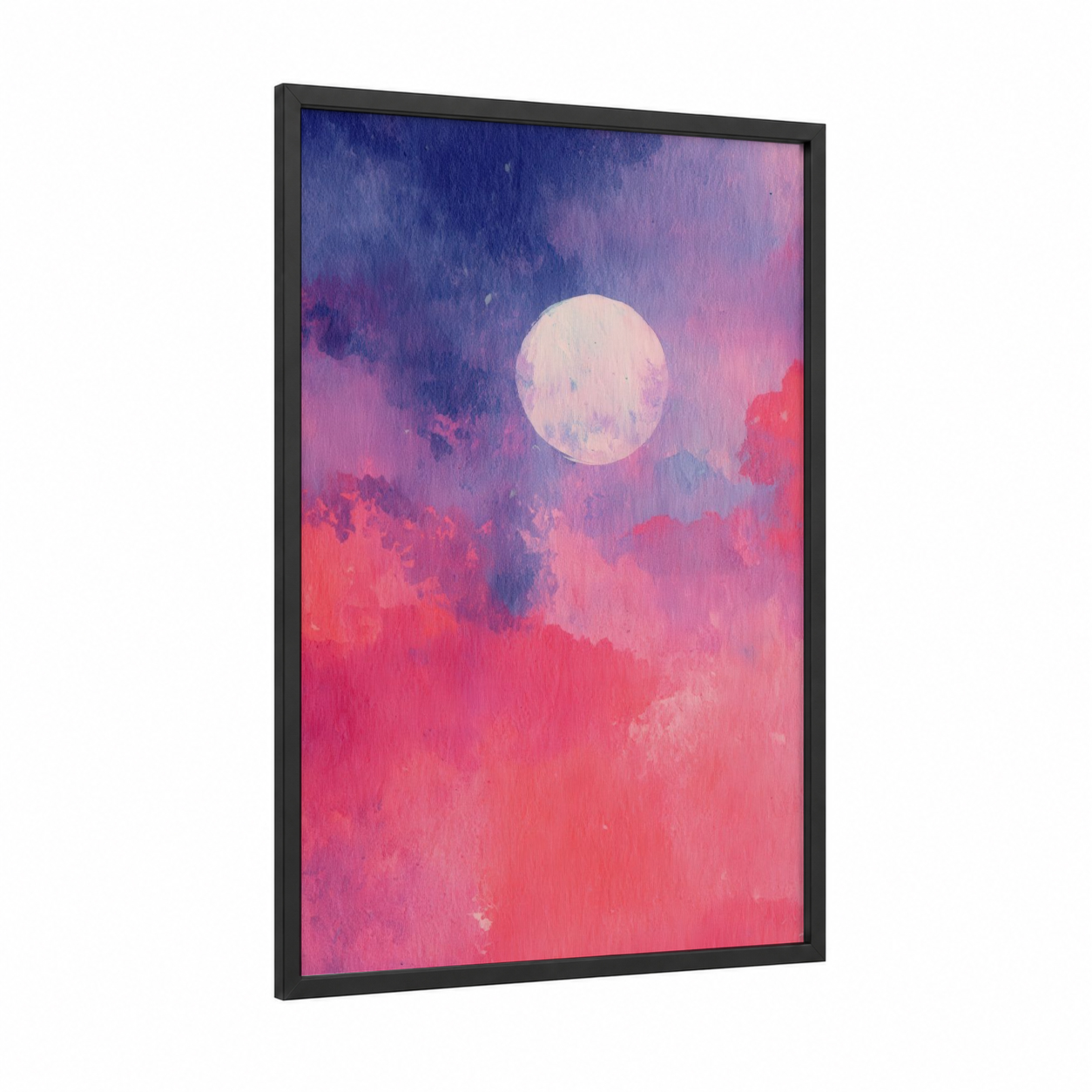 Dreamy Moon Rising framed art print — black wood frame — pink and blue palette