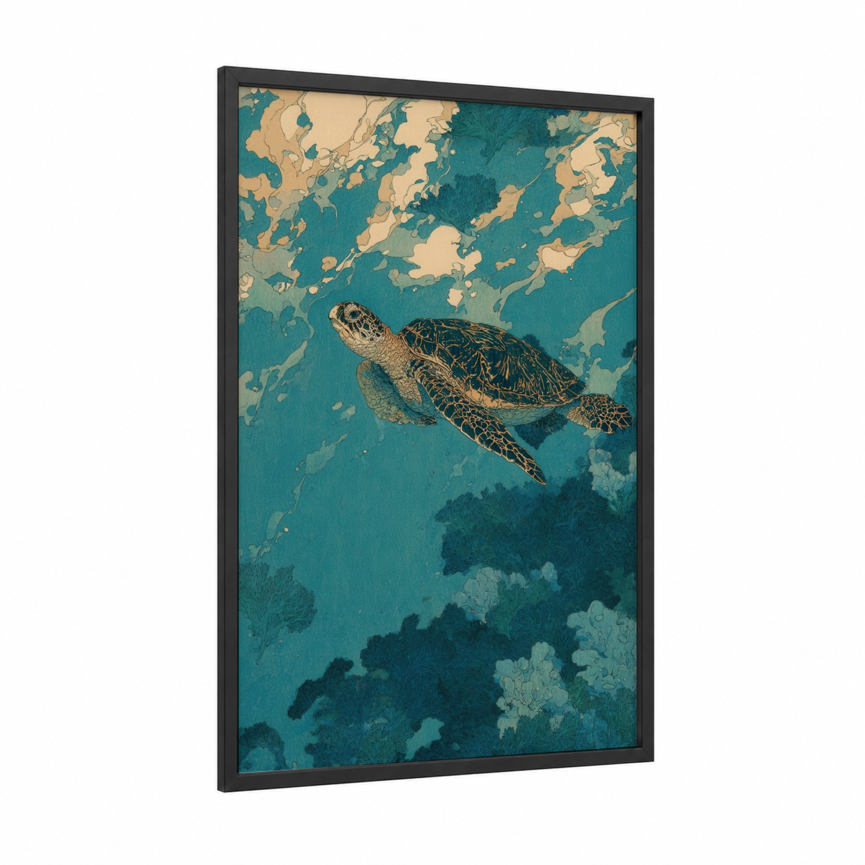 Overhead Turtle framed art print — black wood frame — teal and cream palette