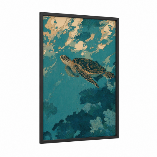 Overhead Turtle framed art print — black wood frame — teal and cream palette