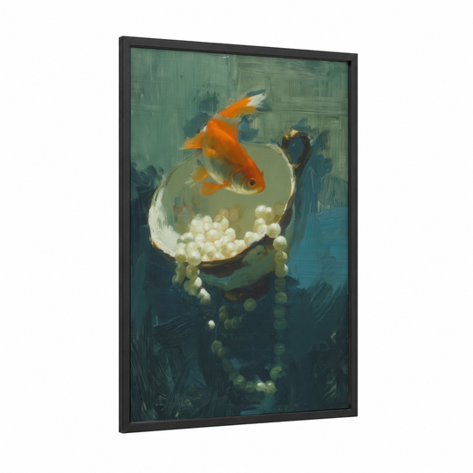 Golden Koi Bloom framed zebrafish print — black wood frame — orange and sage green palette