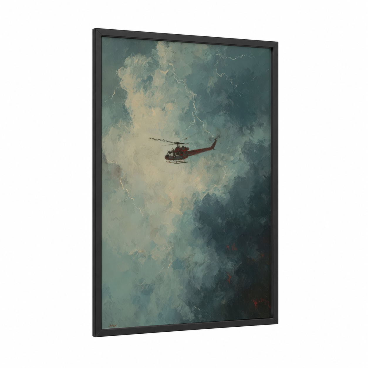 Storm Rescue framed helicopter print — black wood frame — gray and gold palette