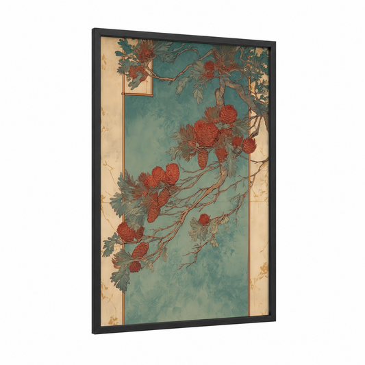 Vintage Redwood Branches framed redwood tree print — black wood frame — teal and russet palette