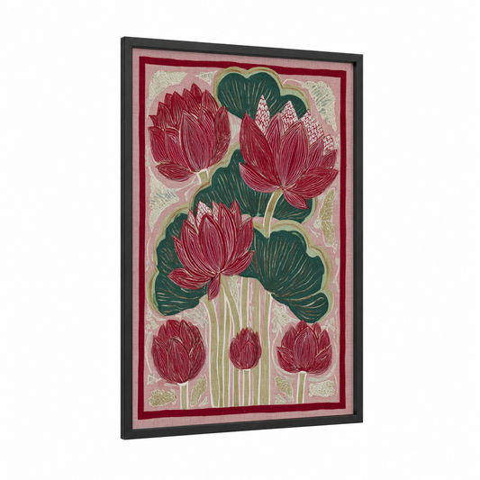 Crimson Lotus Garden framed abstract flower print — black wood frame — maroon and dark green palette