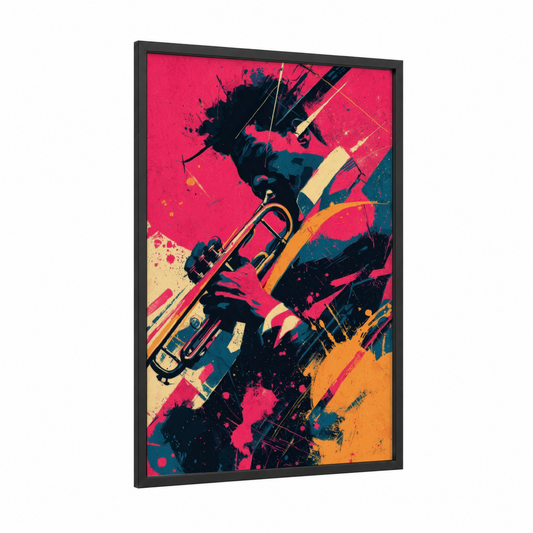 Vibrant Trumpet framed musician print — black wood frame — magenta and orange palette