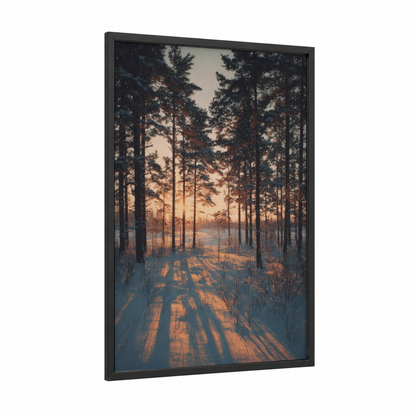 Snowy Forest Sunset framed art print — black wood frame — gold and blue palette