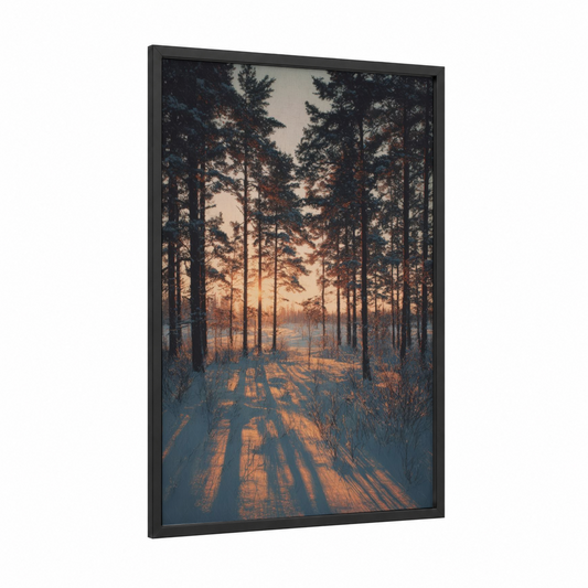 Snowy Forest Sunset framed art print — black wood frame — gold and blue palette