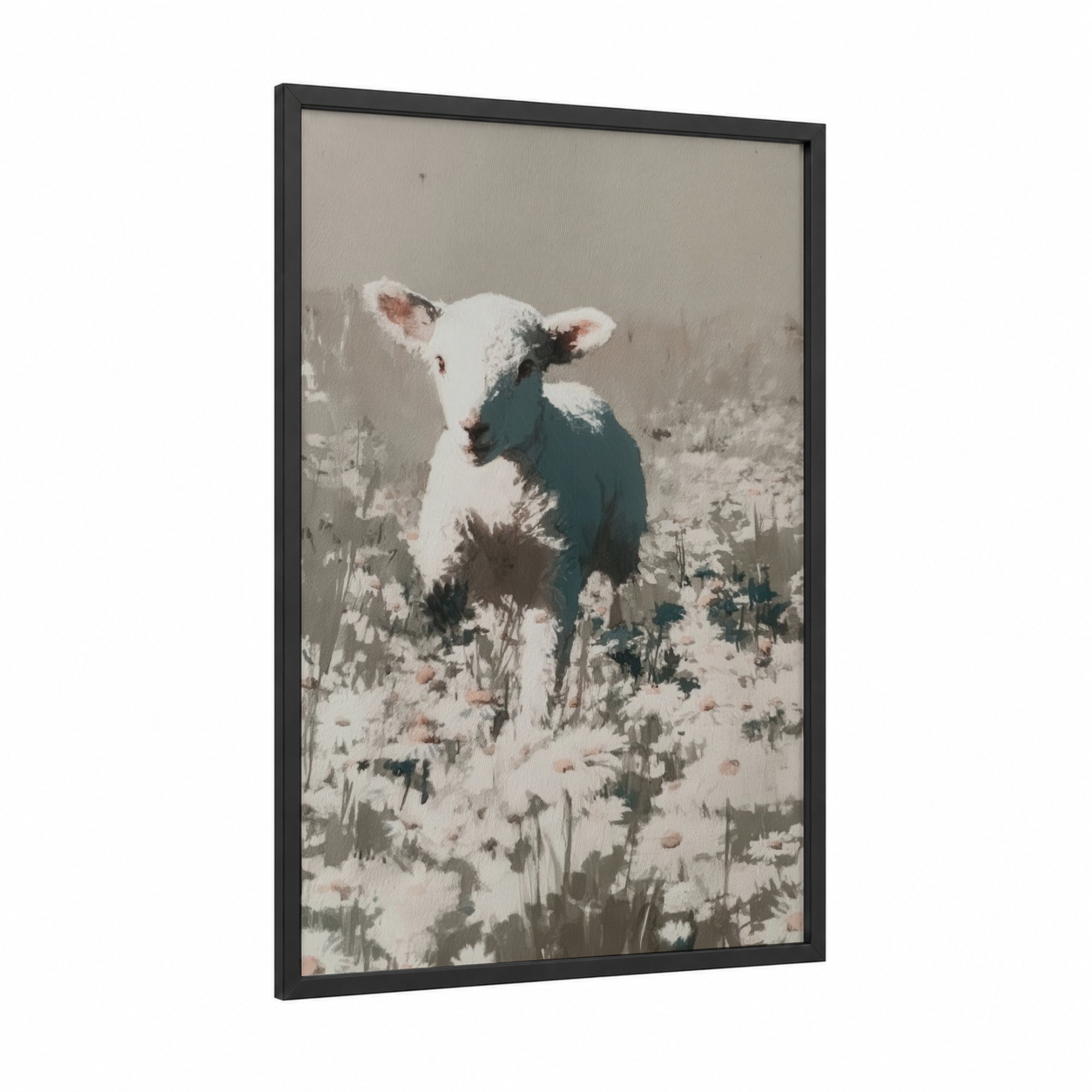 Snowy Sheep Portrait framed art print — black wood frame — sage green and cream palette