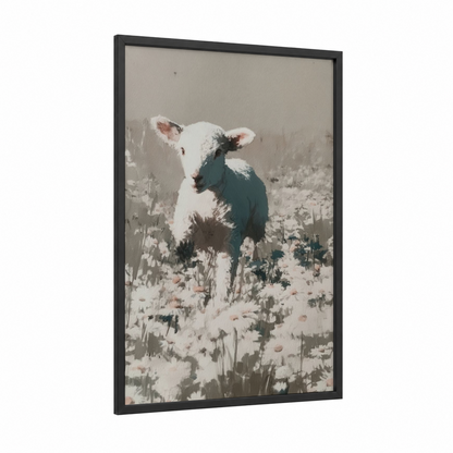Snowy Sheep Portrait framed art print — black wood frame — sage green and cream palette