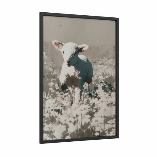 Snowy Sheep Portrait framed art print — black wood frame — sage green and cream palette