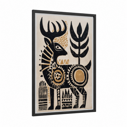 Sacred Stag framed abstract traditional print — black wood frame — black and white and gold palette