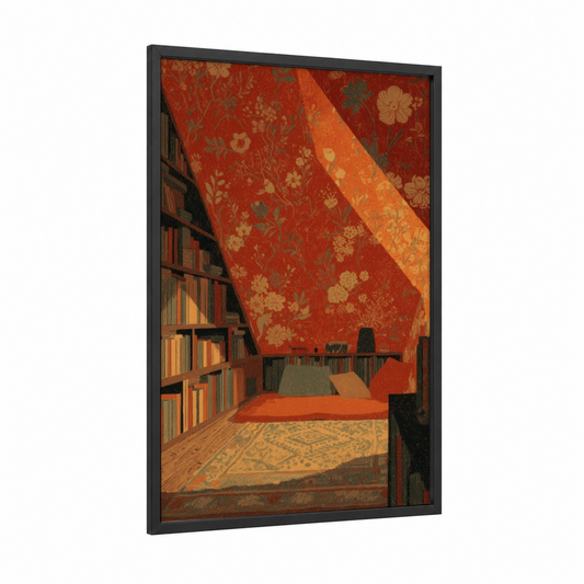Cozy Reading Nook framed art print — black wood frame — red and gold palette