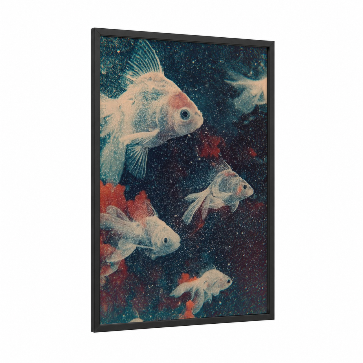 Cosmic Goldfish framed art print — black wood frame — teal and rose gold palette