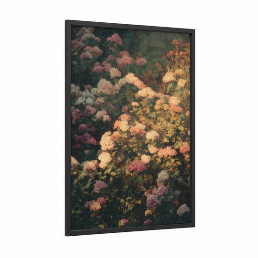 Autumn Hydrangea Garden framed art print — black wood frame — gold and pink palette