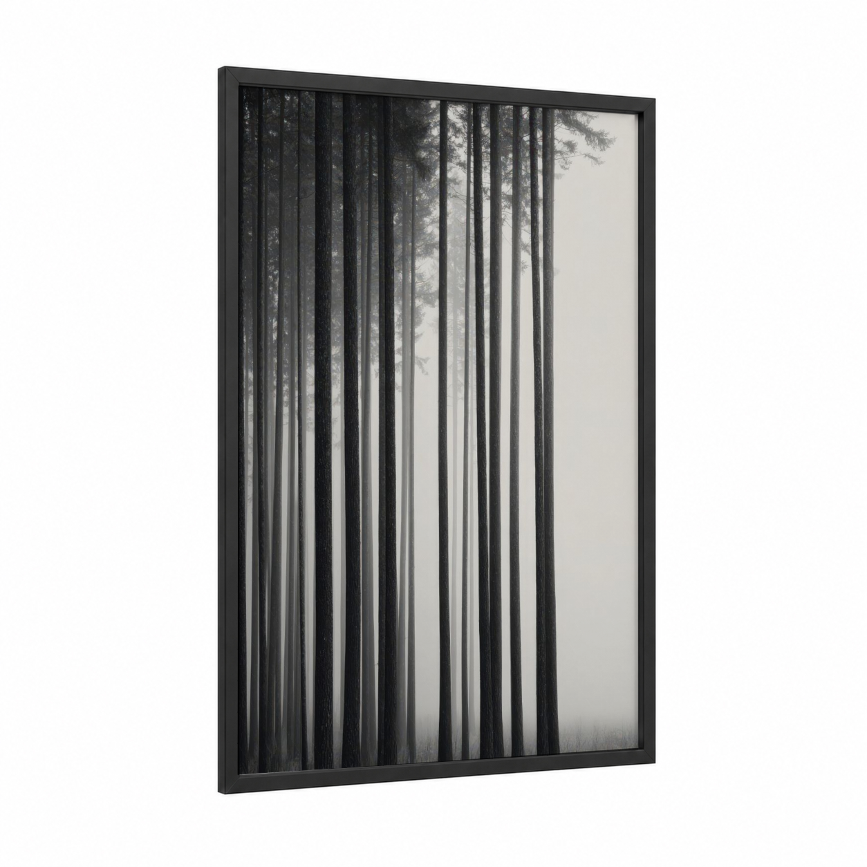 Misty Cedar Forest framed art print — black wood frame — black and white and gray palette