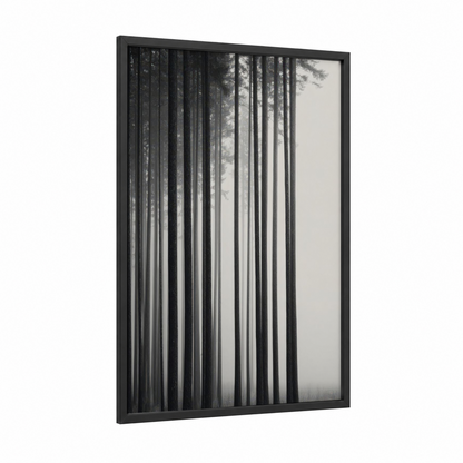 Misty Cedar Forest framed art print — black wood frame — black and white and gray palette