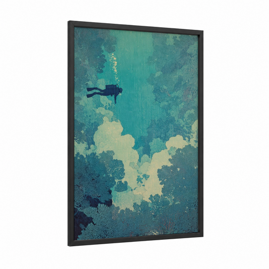 Serene Diver framed diving print — black wood frame — turquoise and cream palette