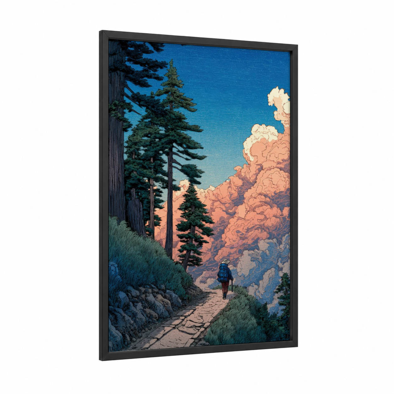 Mountain Redwood Hiker framed redwood tree print — black wood frame — blue and orange palette