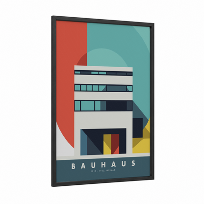 Bauhaus Architecture framed abstract architecture print — black wood frame — red and teal palette