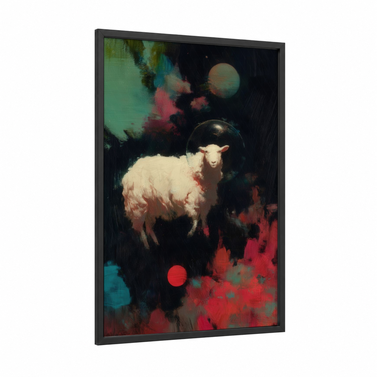 Cosmic Sheep framed art print — black wood frame — teal and red palette