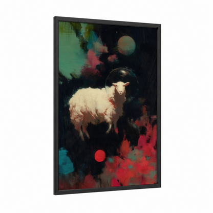 Cosmic Sheep framed art print — black wood frame — teal and red palette