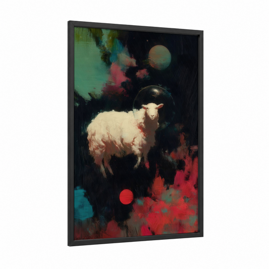 Cosmic Sheep framed art print — black wood frame — teal and red palette