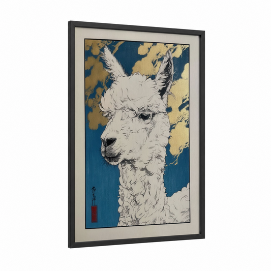 Serene Alpaca Portrait framed art print — black wood frame — dark blue and gold palette