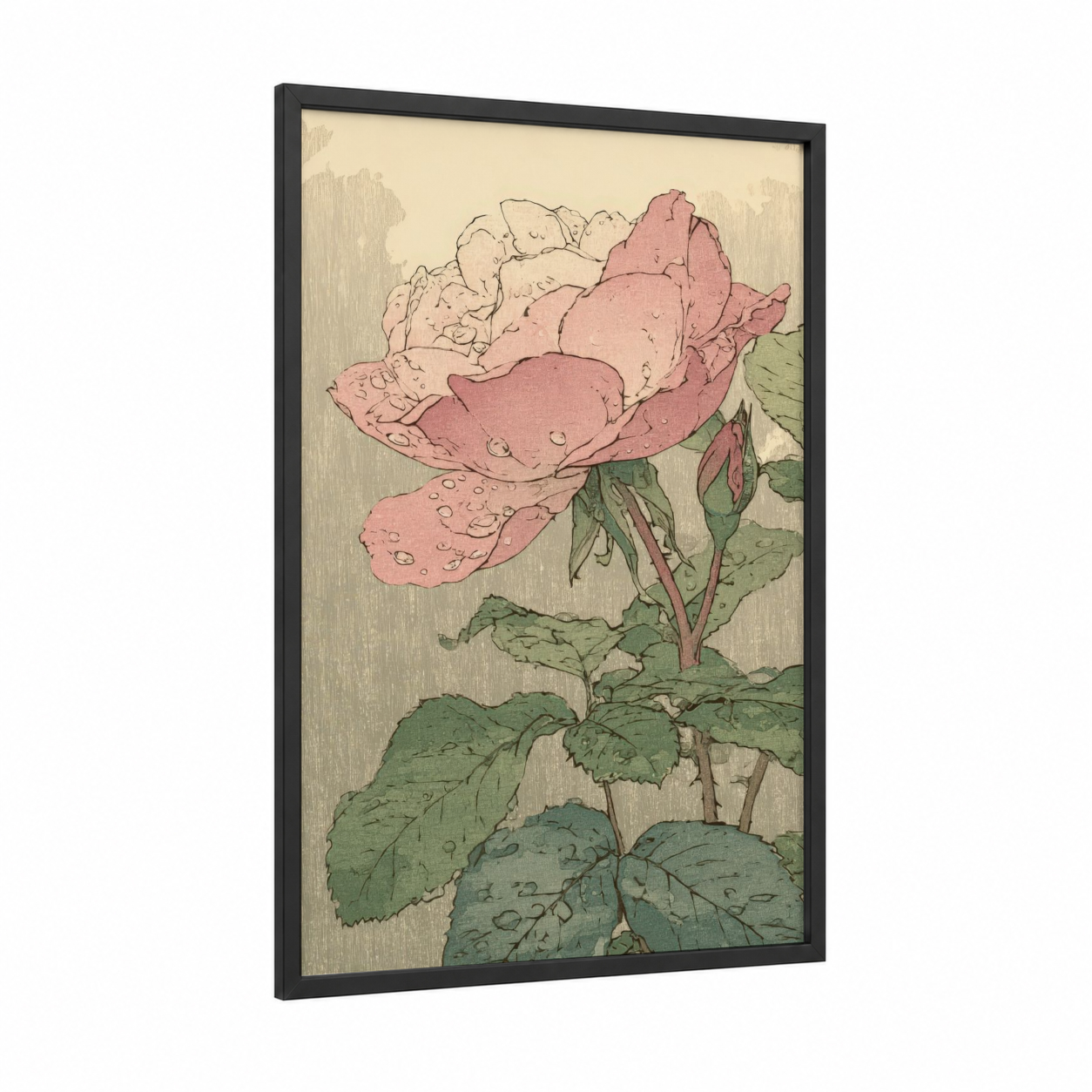 Dewy Garden Rose framed roses print — black wood frame — salmon pink and true green palette