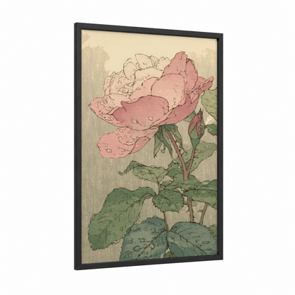 Dewy Garden Rose framed roses print — black wood frame — salmon pink and true green palette