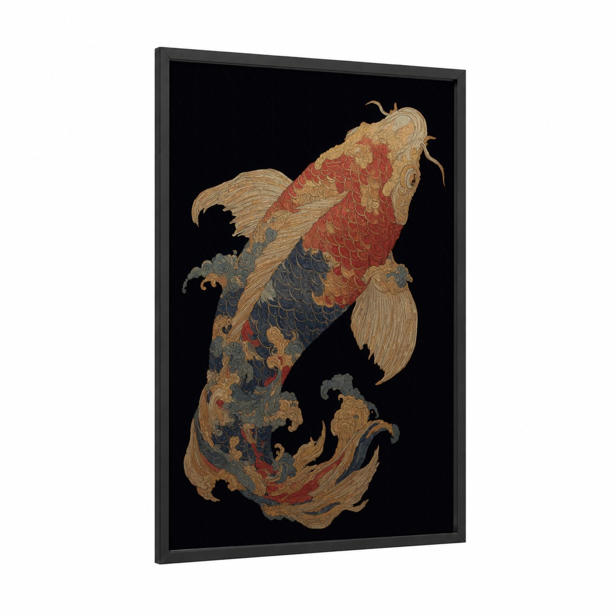 Ornamental Koi Fish framed art print — black wood frame — gold and red palette