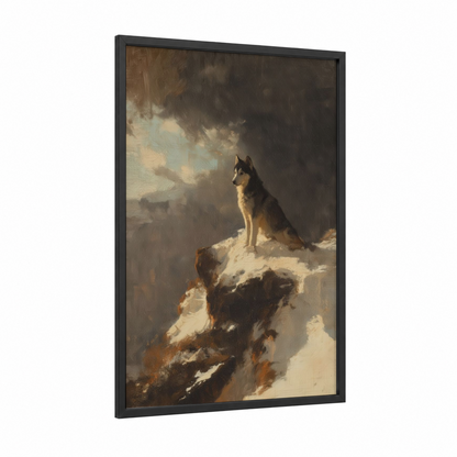 Alpine Husky framed art print — black wood frame — cream and espresso palette
