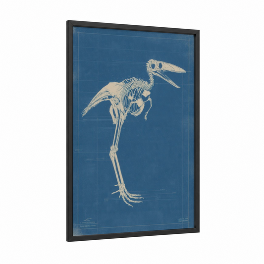 Skeleton Dinosaur framed art print — black wood frame — dark blue and cream palette