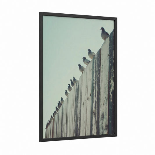 Perched Pigeons framed art print — black wood frame — gray and gray and white palette