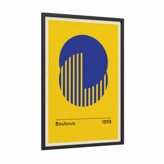 Bauhaus Geometric framed abstract geometric print — black wood frame — yellow and blue palette