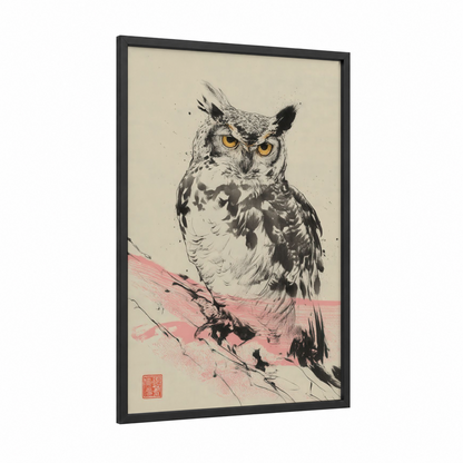 Golden-Eyed Owl framed art print — black wood frame — black and white and peach palette