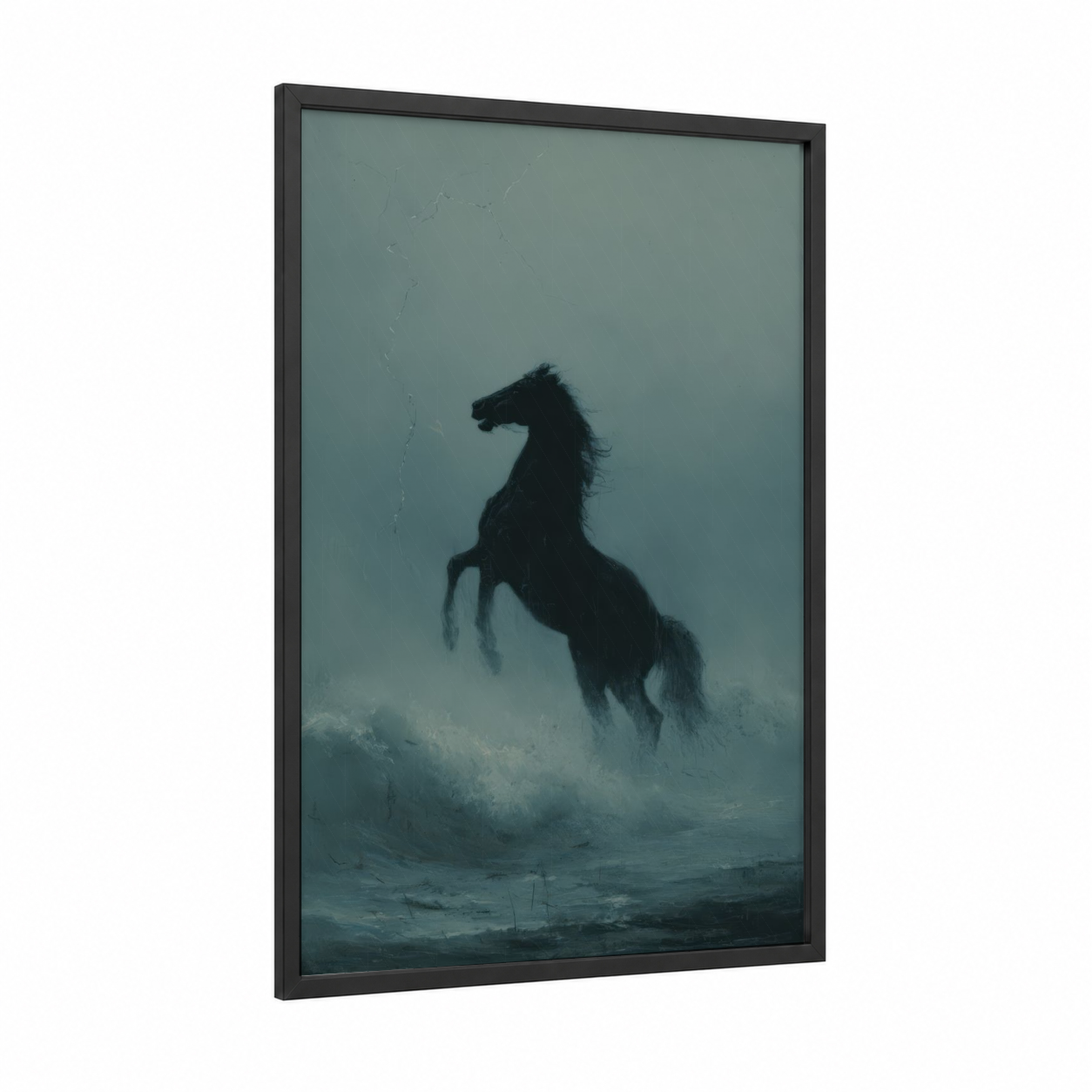 Storm Horse framed horseback print — black wood frame — black and white and gray palette