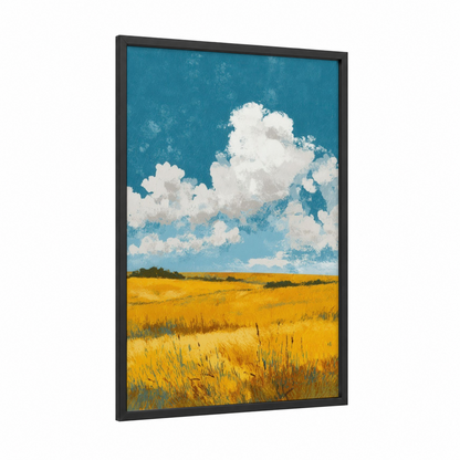 Golden Summer Field framed art print — black wood frame — blue and yellow gold palette