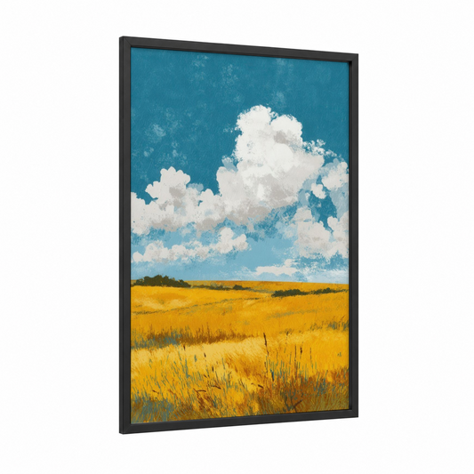 Golden Summer Field framed art print — black wood frame — blue and yellow gold palette